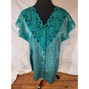 Vintage Green Val Mode Lingerie USA Lace Button Front Nightgown Medium